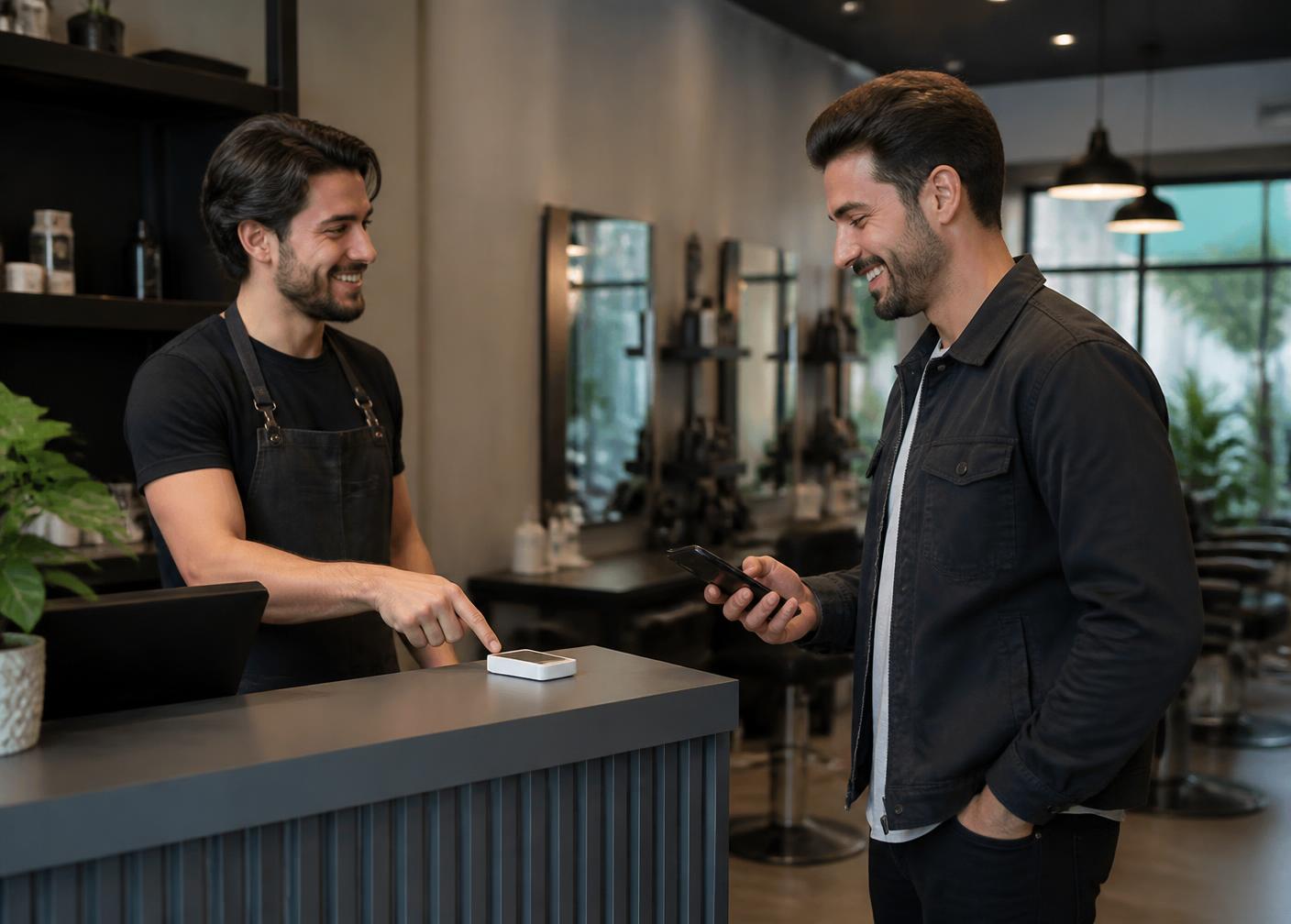 An employee pointing to a ReviewTAP card on the counter while a happy customer holds their phone